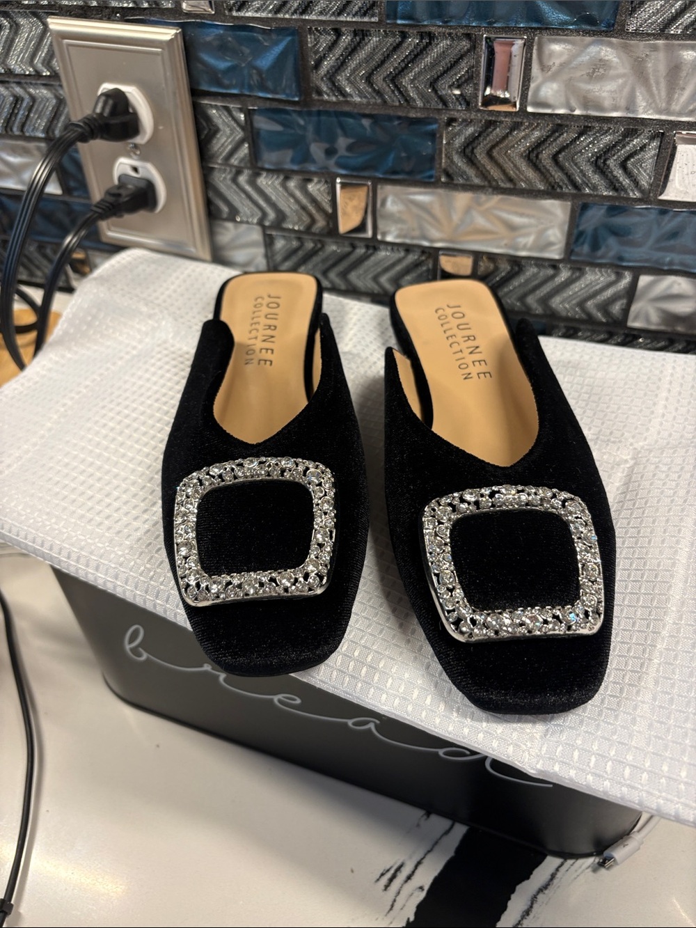 Journee Collection Black Velvet Mules with Crystal Square Buckles